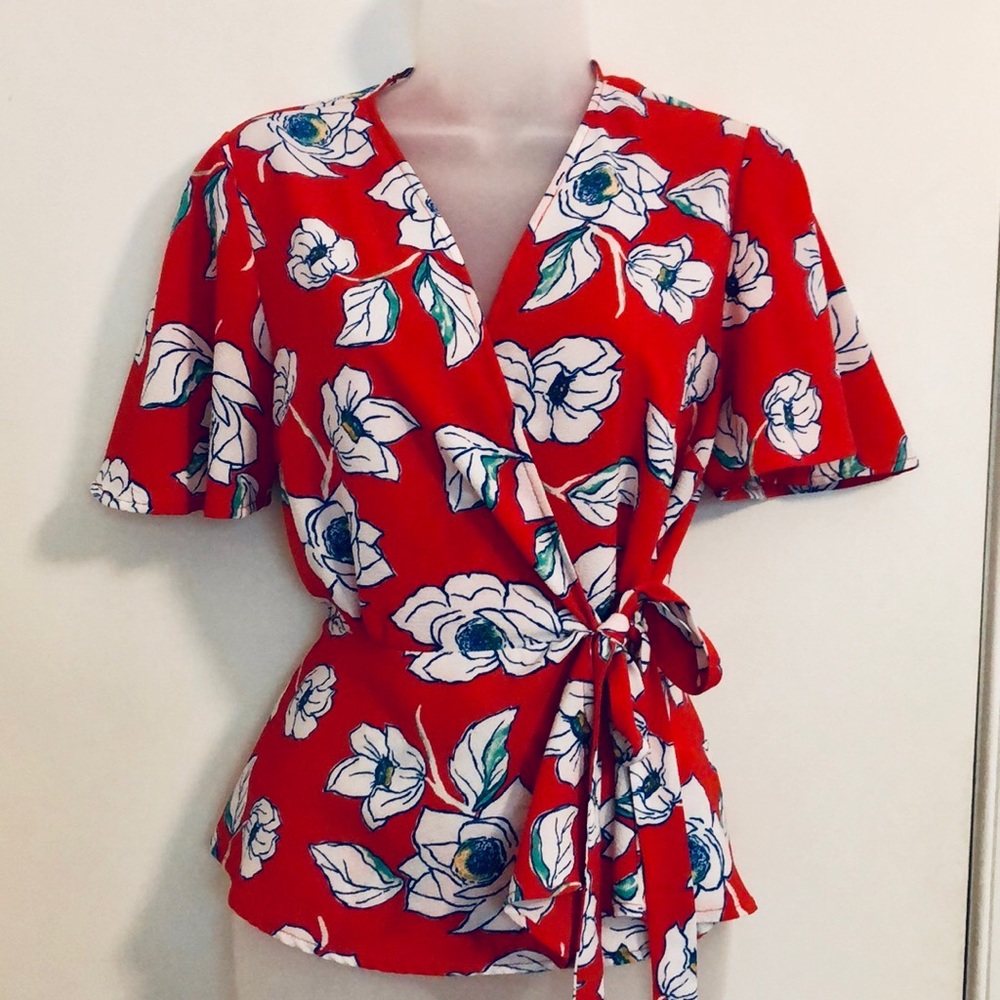 Red floral multicolor top